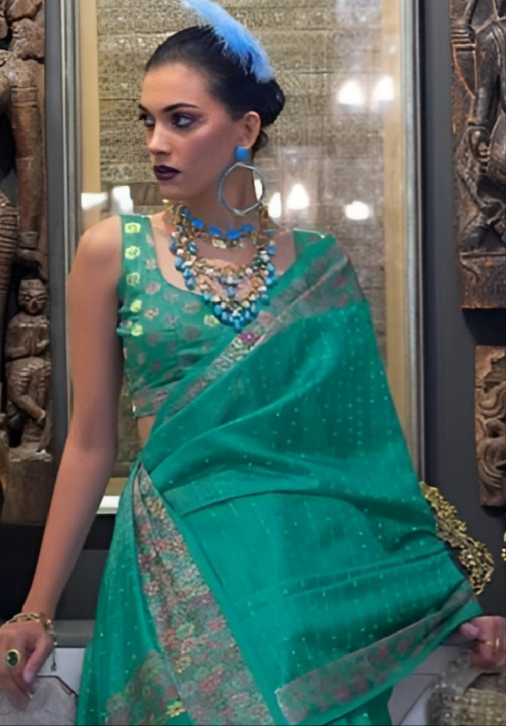 EKKTARA Saree For Women Two Tone Organza Marine Sea Green Colour Handloom Weaving Silk Saree With Unstitched Blouse