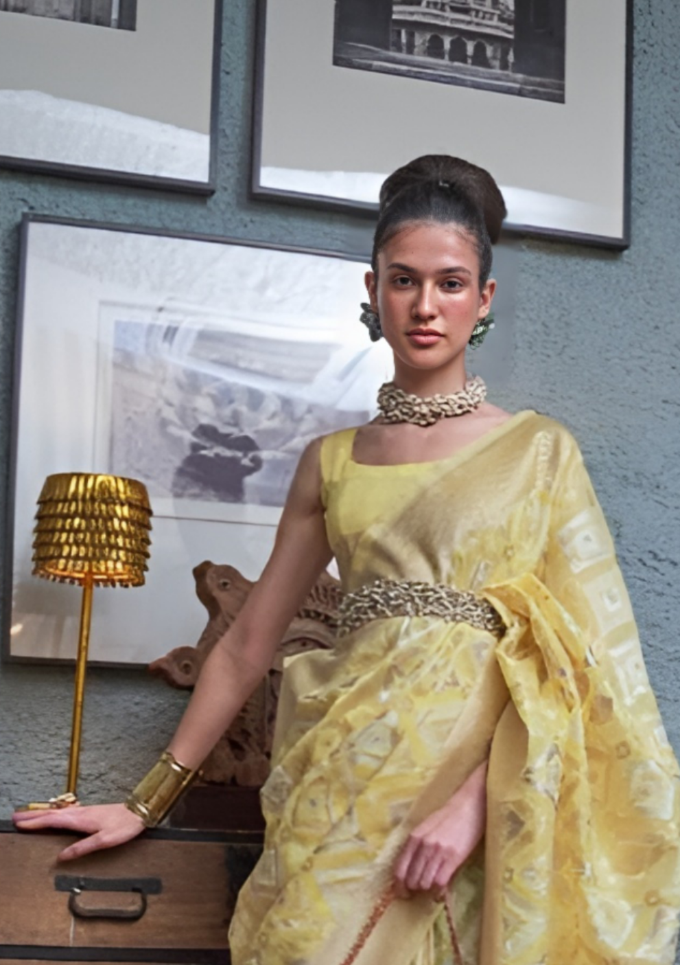 EKKTARA Saree For Women Light Yellow Colour Pure Linen IKAT Handloom Weaving Saree With Unstitched Blouse