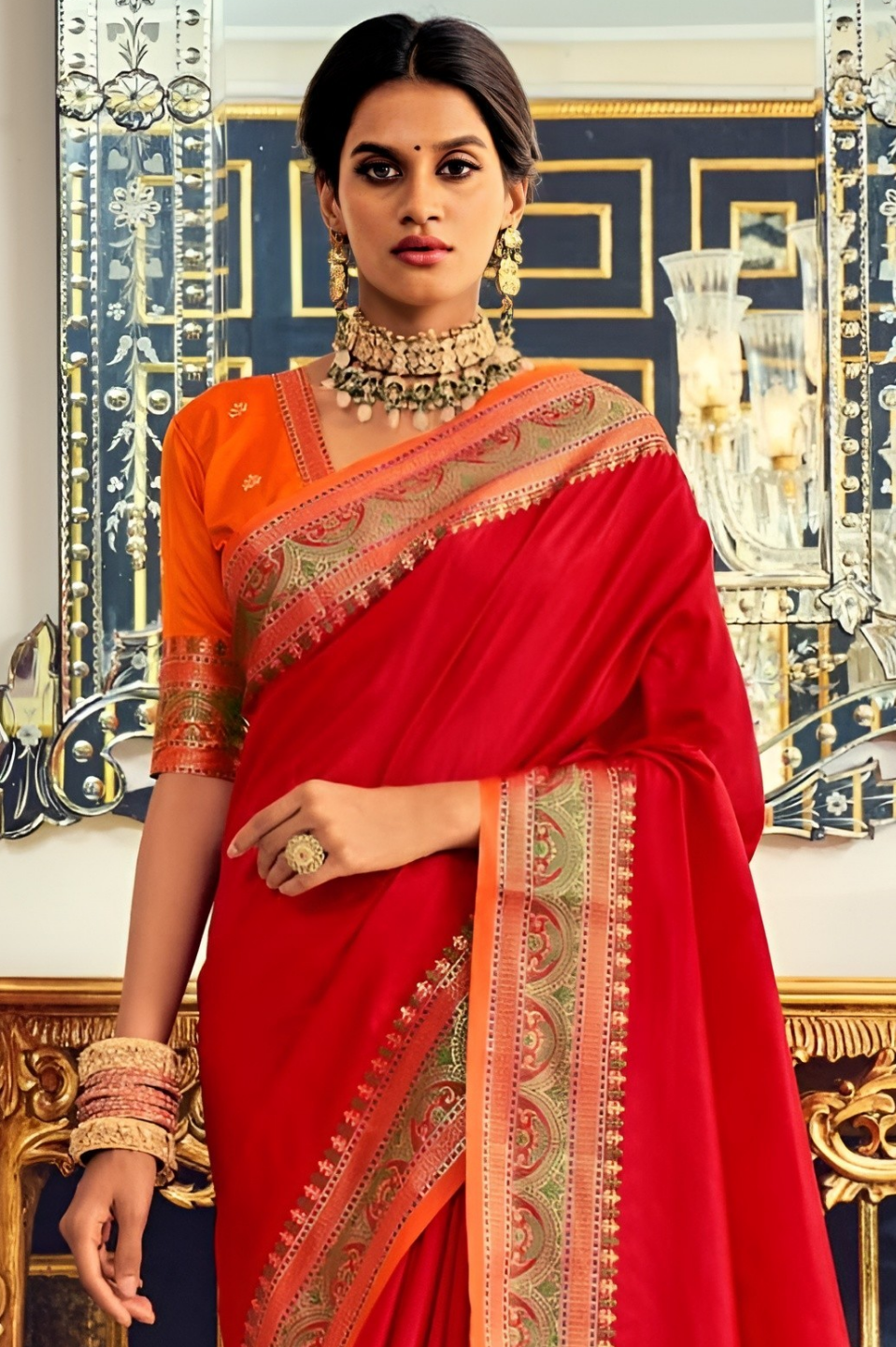 EKKTARA Saree For Women Red Colour Silk Paithani Concept Saree With Unstitched Blouse