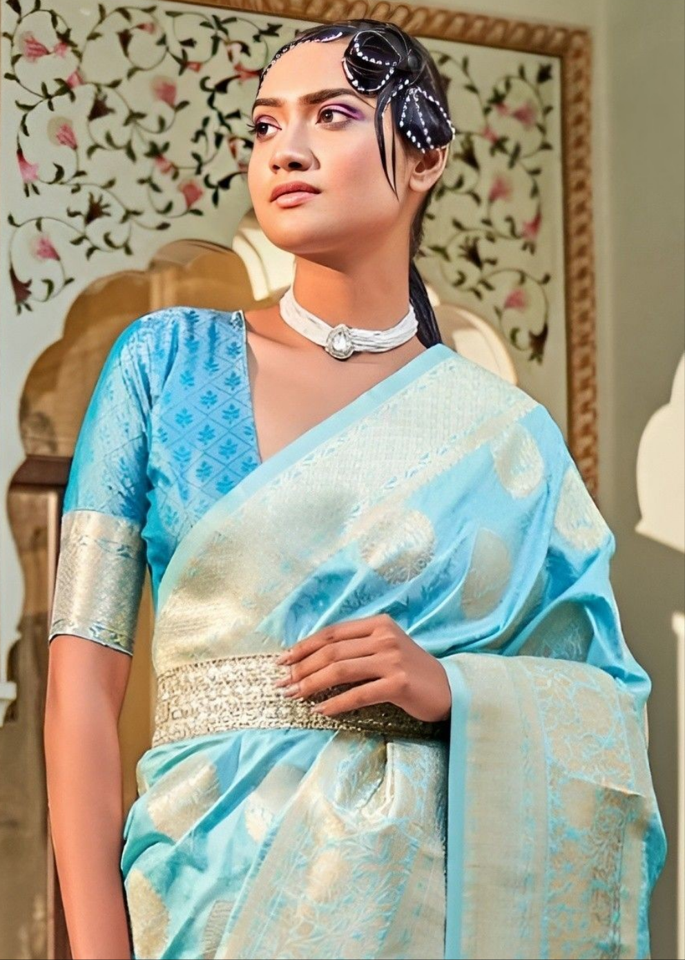 EKKTARA Saree For Women Turquoise Colour Banarasi Silk Zari Saree With Unstitched Blouse