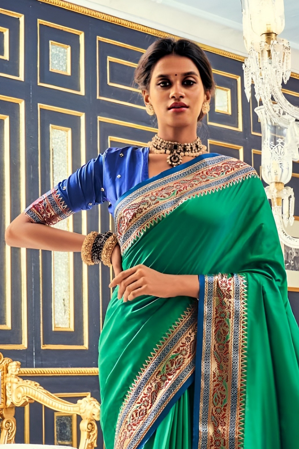 EKKTARA Saree For Women Green Colour Silk Paithani Concept Saree With Unstitched Blouse