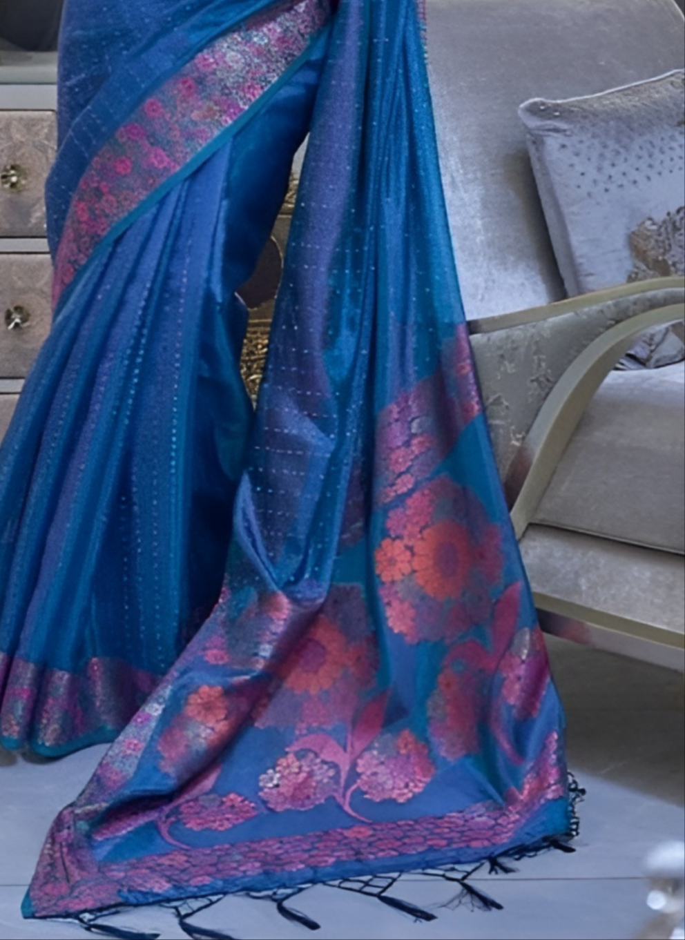 EKKTARA Saree For Women Two Tone Organza Marine Blue Colour Handloom Weaving Silk Saree With Unstitched Blouse