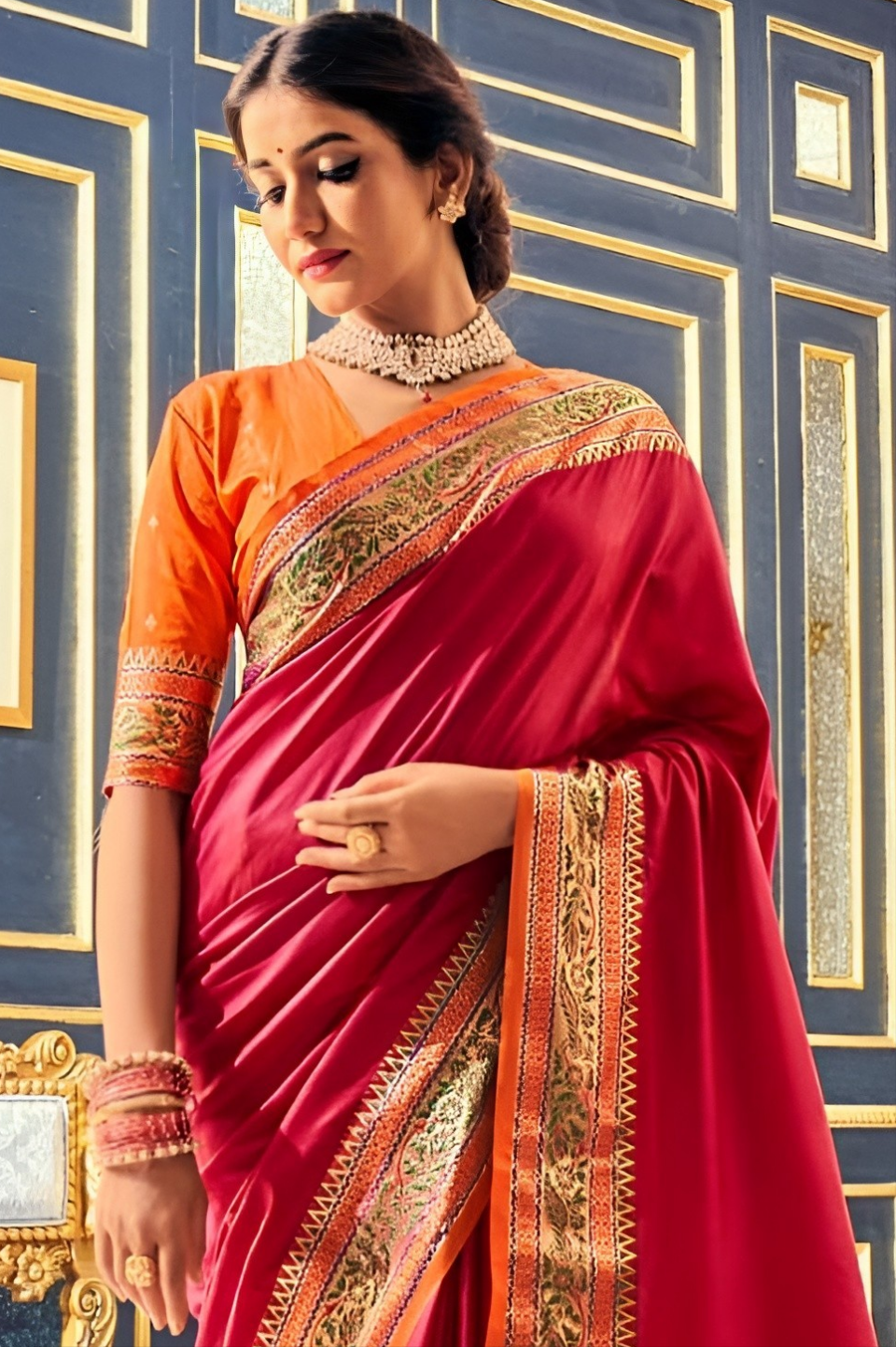 EKKTARA Saree For Women Marhoon Colour Silk Paithani Concept Saree With Unstitched Blouse