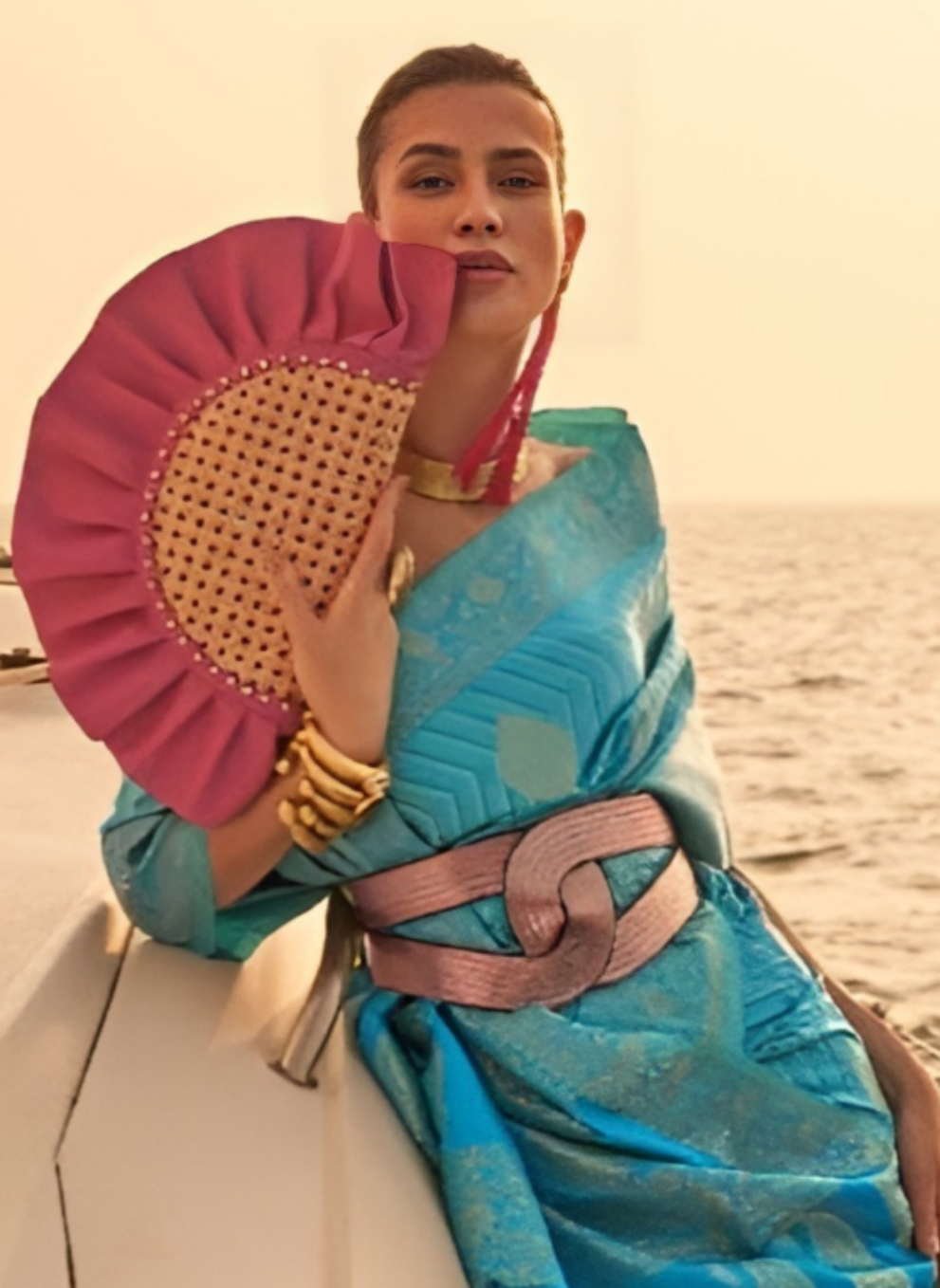 EKKTARA Saree For Women Sky Blue Two Tone Handloom Weaving Satin Silk Saree