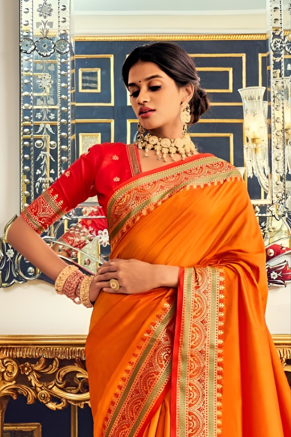 EKKTARA Saree For Women Orange Colour Silk Paithani Concept Saree With Unstitched Blouse