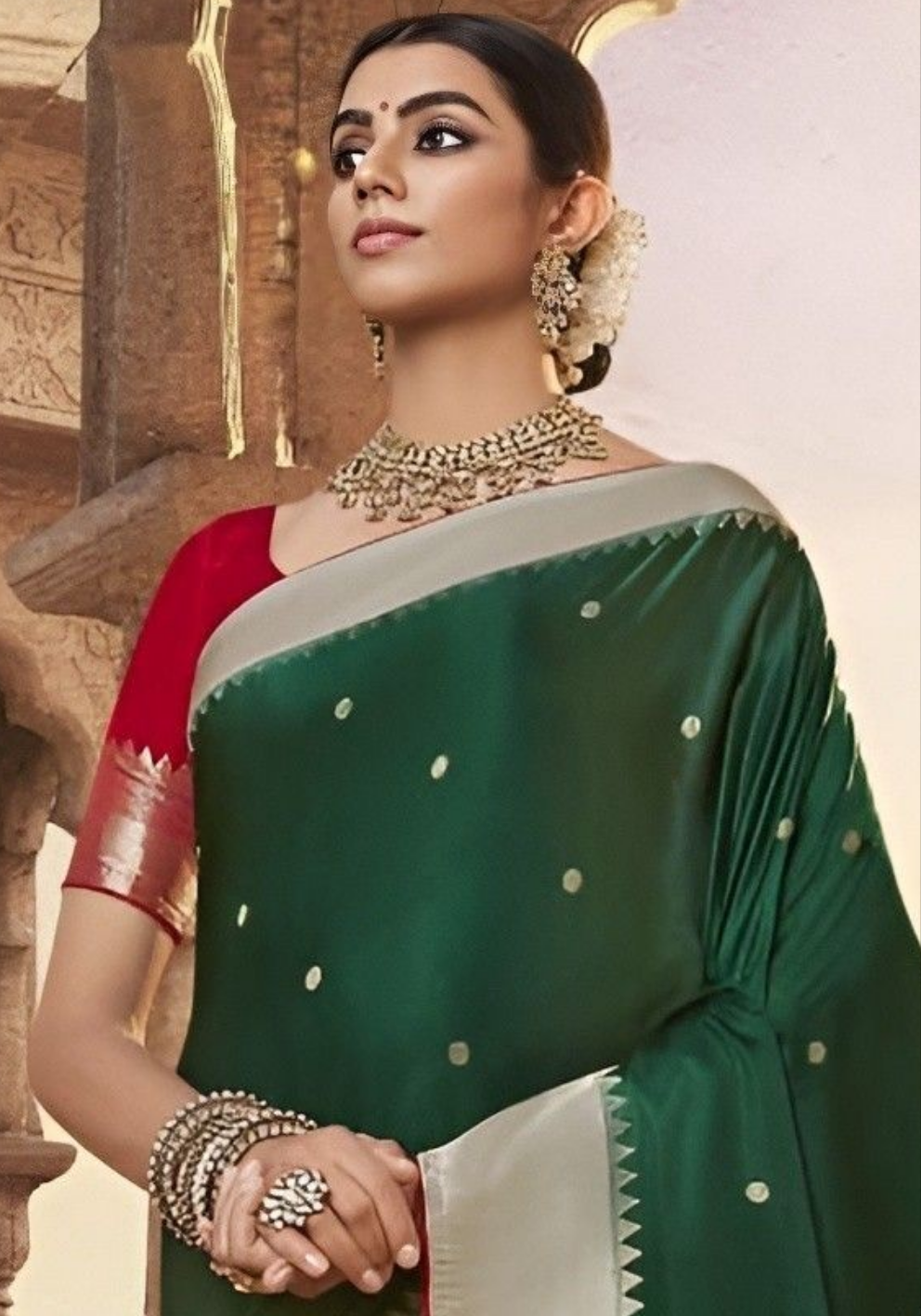 EKKTARA Saree For Women Pine Green Designer Satin Paithani Saree With Contrast Blouse