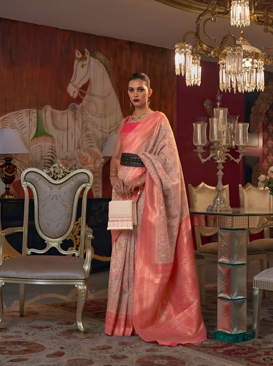 EKKTARA Saree For Women Peach Colour Kashmiri Chaap Handloom Weaving Silk Saree With Unstitched Blouse