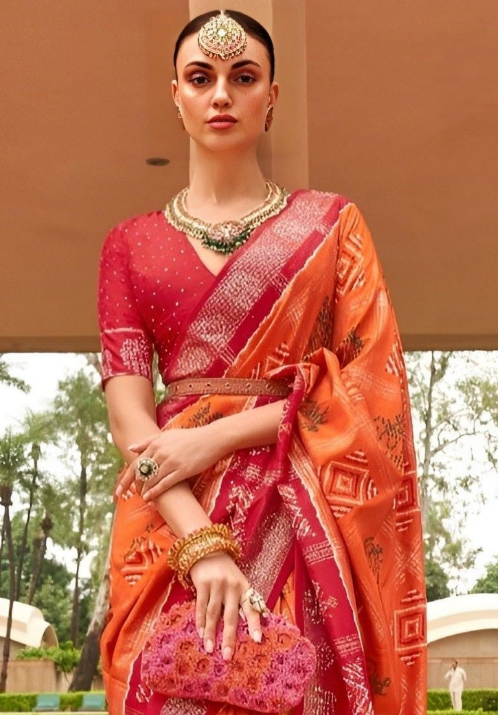 EKKTARA Saree For Women Orange & Pink Colour Pure Silk Designer Patola Saree With Unstitched Blouse