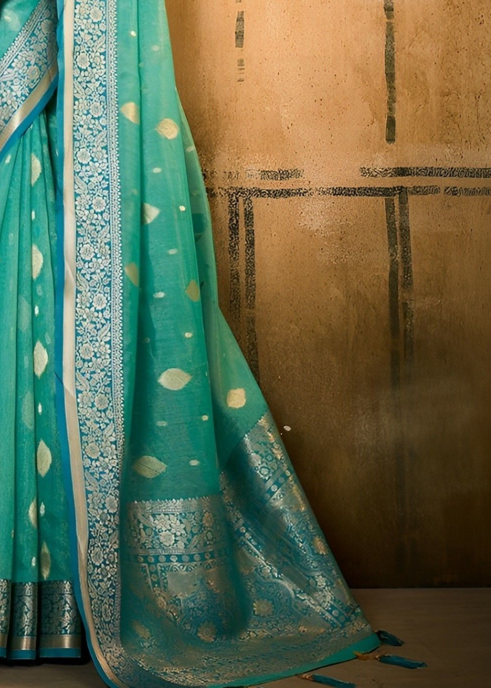 EKKTARA Saree For Women Misty Teal Green Banarasi Tissue Saree