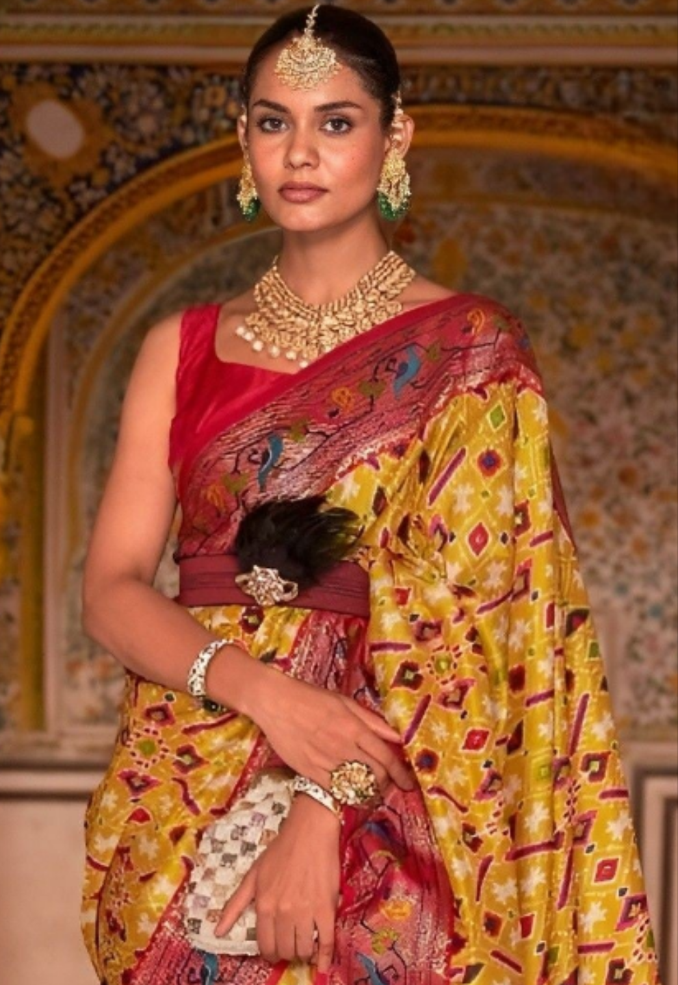 EKKTARA Saree For Women Yellow Colour Designer Paithani Patola Saree With Unstitched Blouse
