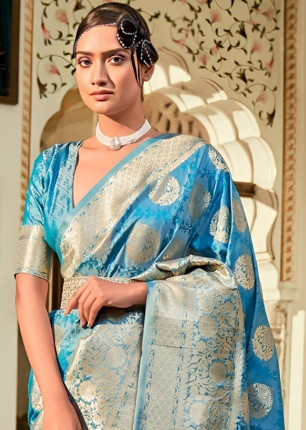 EKKTARA Saree For Women Azure Blue Colour Banarasi Silk Zari Saree With Unstitched Blouse