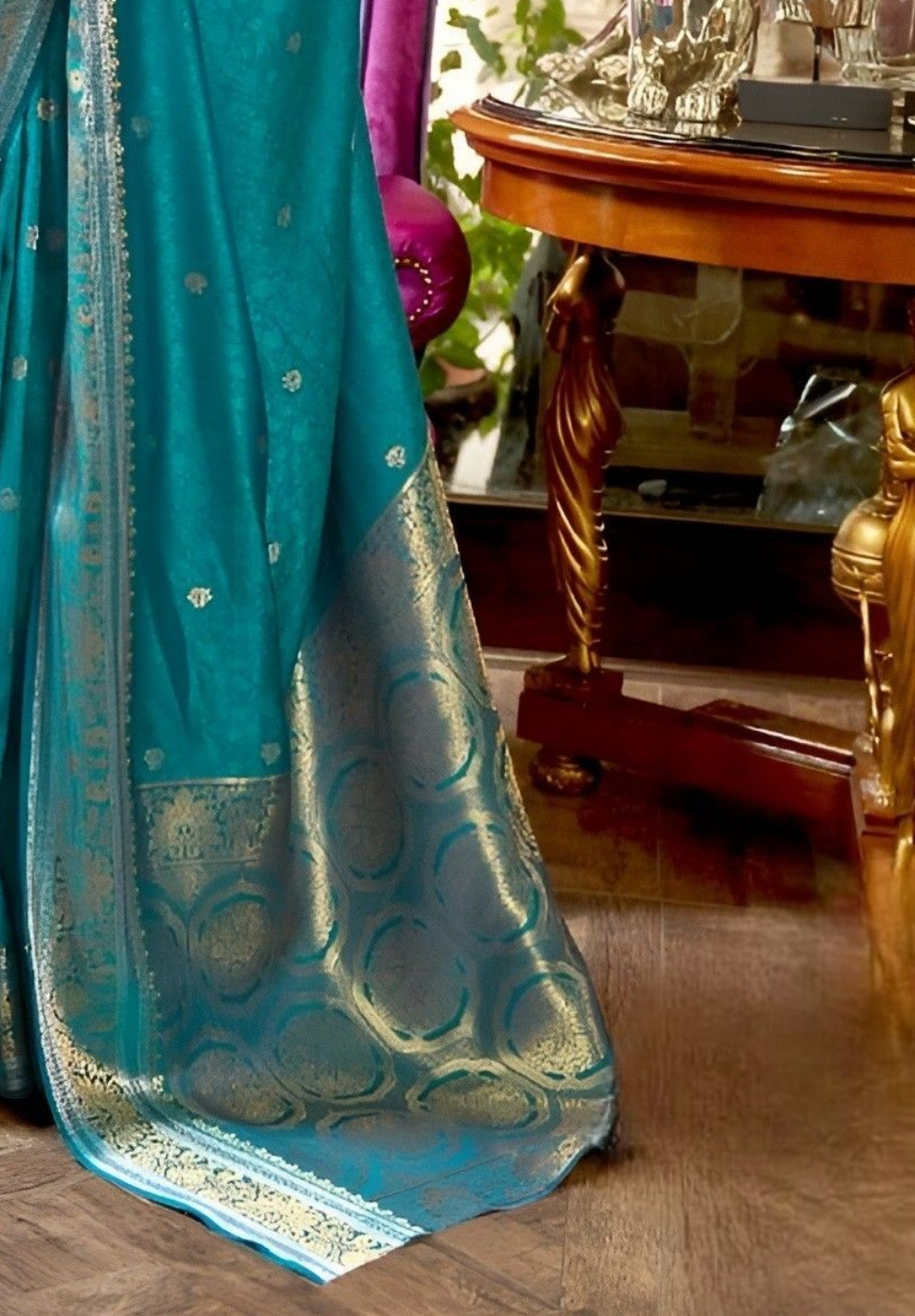 EKKTARA Saree For Women Ocean Blue Handloom Silk Weaving Saree