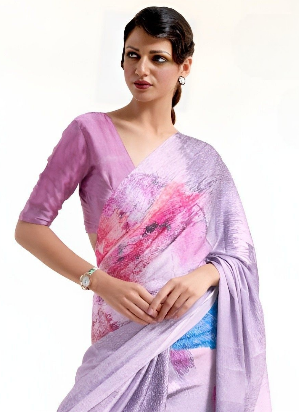 EKKTARA Saree For Women Orchid Printed Digital Crepe Georgette Saree