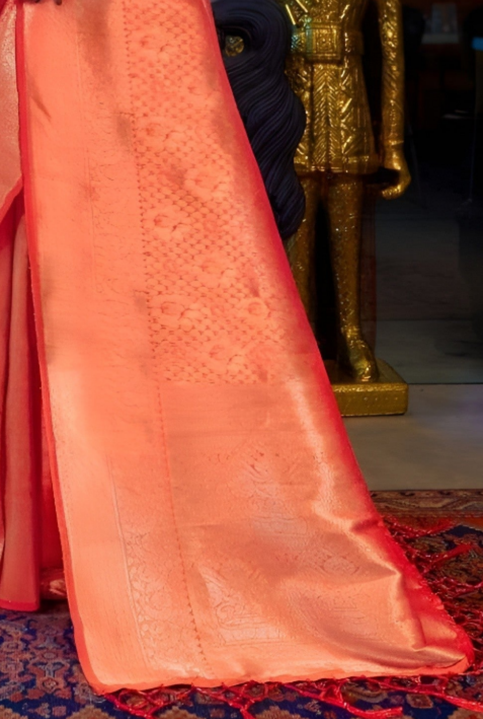 EKKTARA Saree For Women Hot Orange Silk Handloom Weaving Saree