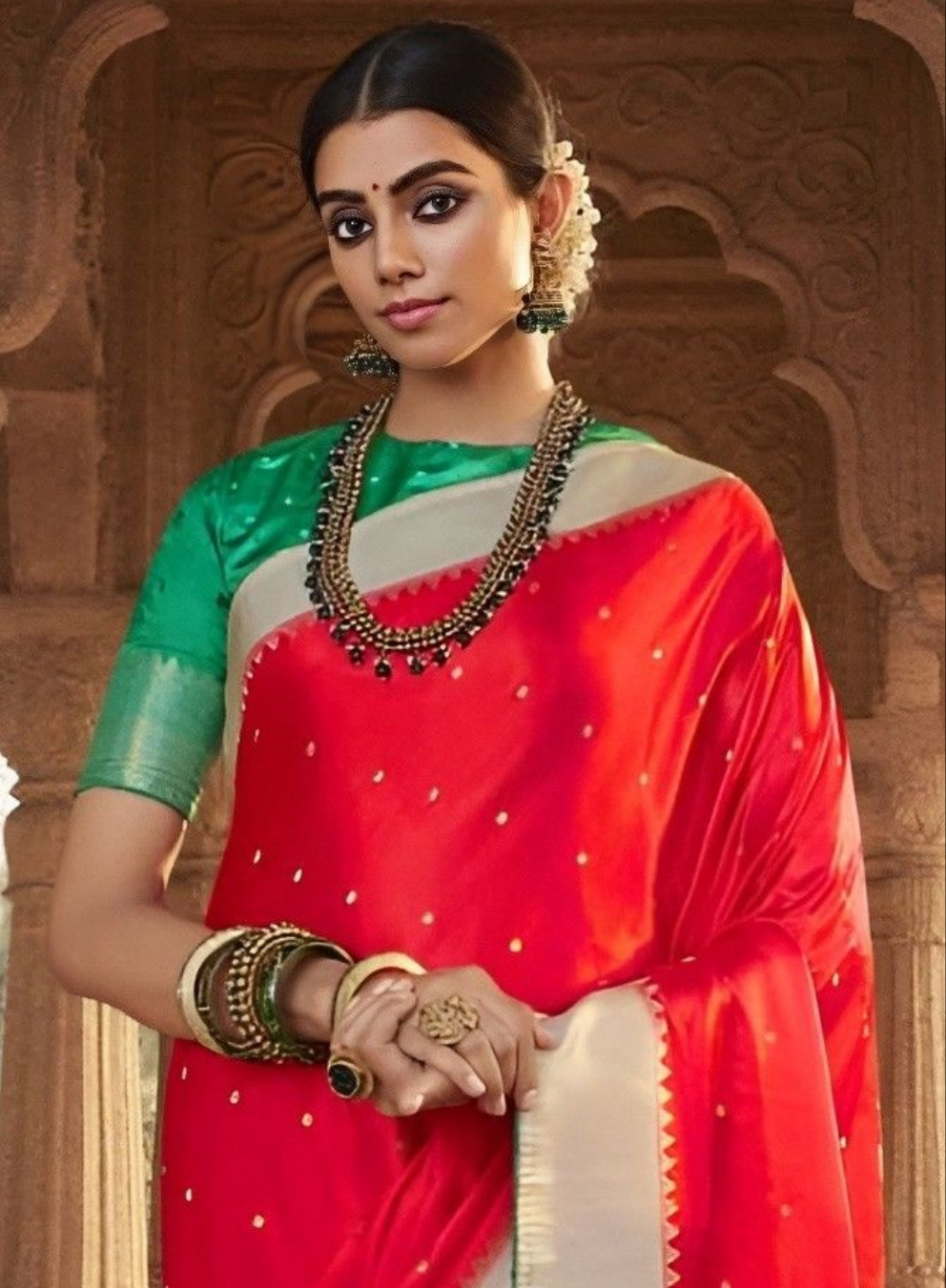 EKKTARA Saree For Women Scarlet Red Designer Satin Paithani Saree With Contrast Blouse