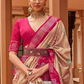 EKKTARA Saree For Women Beige & Pink Colour Pure Silk Designer Patola Saree With Unstitched Blouse