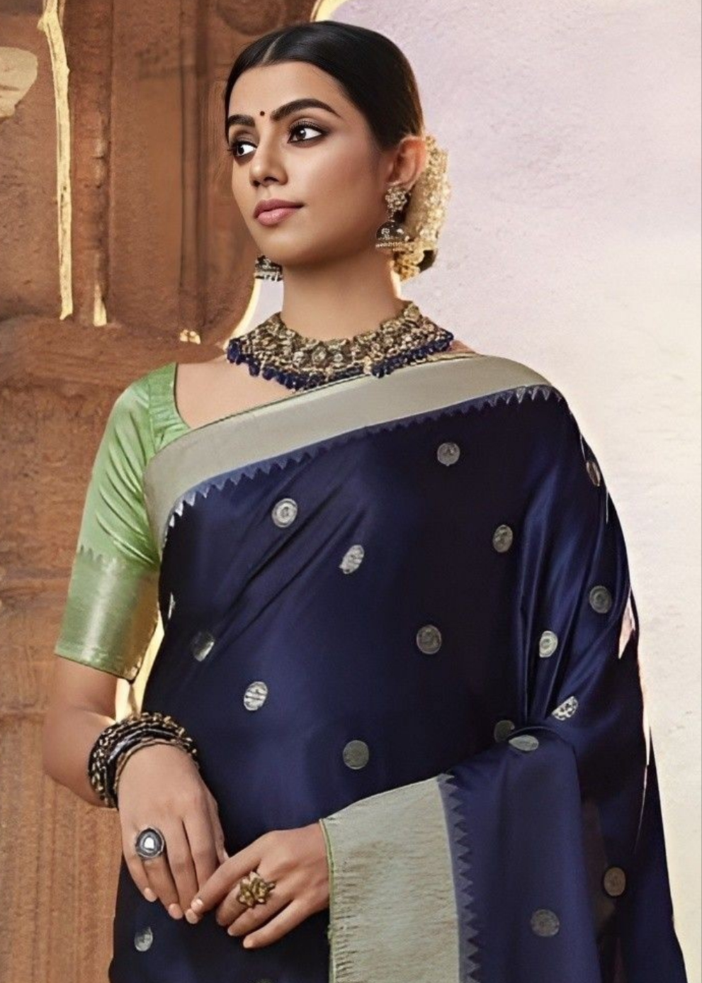 EKKTARA Saree For Women Navy Blue Designer Satin Paithani Saree With Contrast Blouse