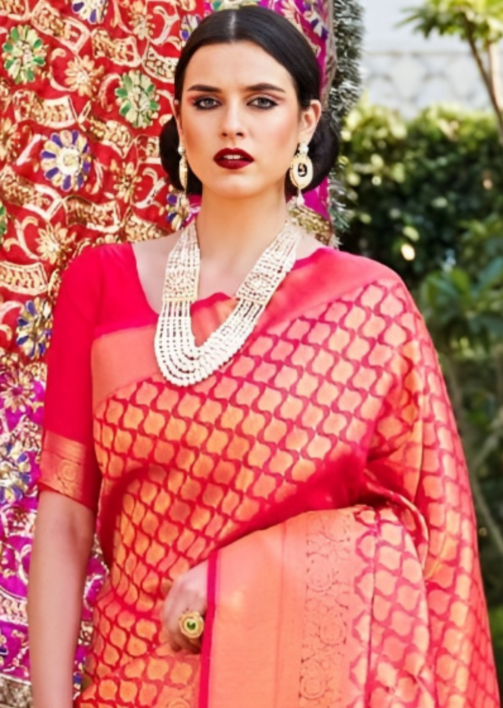 EKKTARA Saree For Women Rose Red Colour Handloom Weaving Kanjivaram Saree With Unstitched Blouse