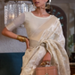 EKKTARA Saree For Women Offwhite Colour Pure Linen IKAT Handloom Weaving Saree With Unstitched Blouse