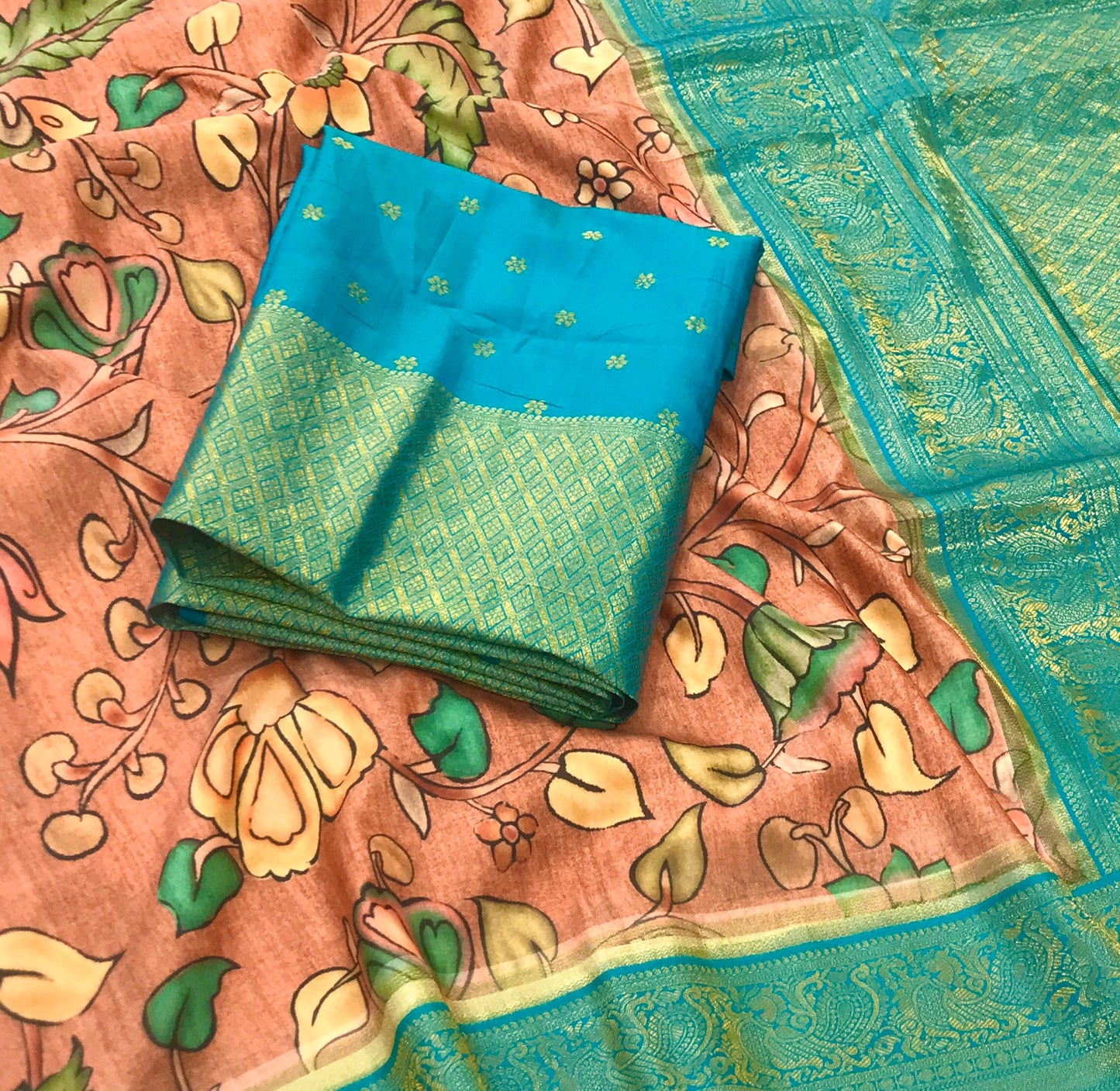 EKKTARA Saree For Women Peach Colour Tusser Silk Kalamkari Print Saree With Contrast Unstitched Blouse