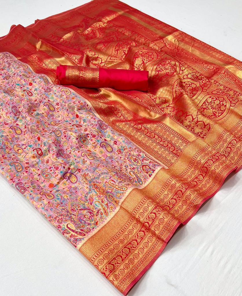 EKKTARA Saree For Women Light Pink Colour Kashmiri Chaap Handloom Weaving Silk Saree With Unstitched Blouse